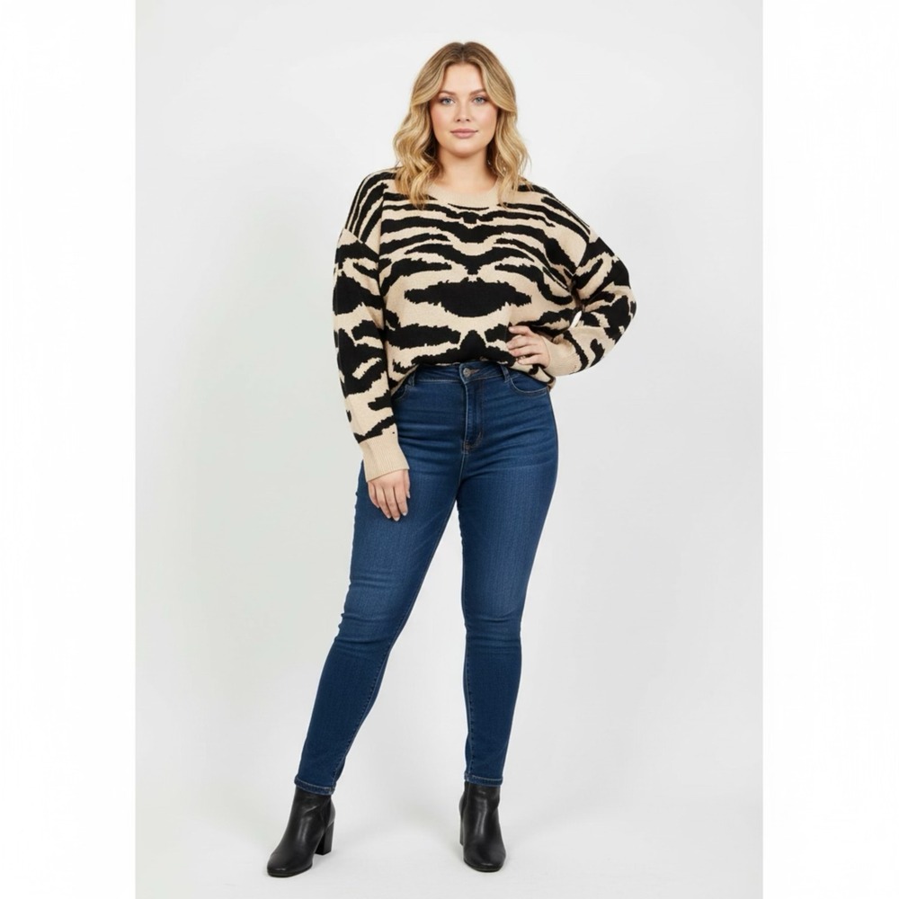 Tribal Women Tan Black Tiger Animal Print Lurex Knit Sweater XL‎